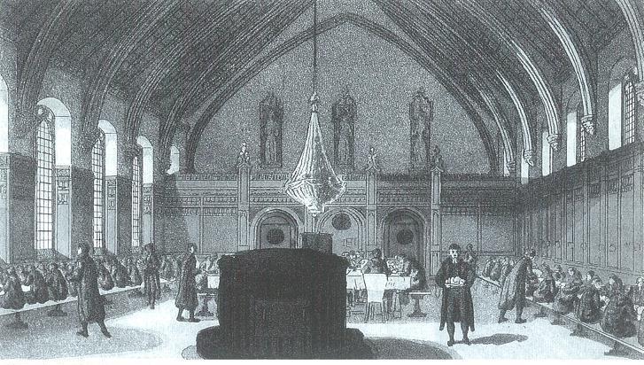 Dinner in the old hall. Mezzotint by Findlay, 1826. Image copyright © Professor Sir John Baker