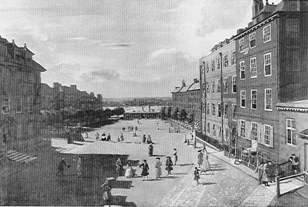 King's Bench Walk in the 1720s. A view from Exchequer Court, showing (from left) Nos. 2 and 6-11, King's Bench Walk, the King's Bench Office (the low building by the river), Paper Buildings, the Library, Serjeant Hamson's Building, and (far right) the Exchequer Office. Image copyright © The Inner Temple