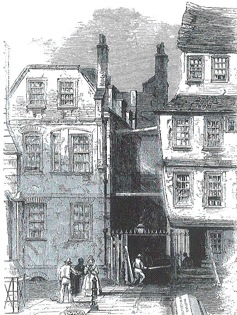 Old buildings in Inner Temple Lane. Illus. London News, 11 Aug, 1860. Image copyright © Professor Sir John Baker