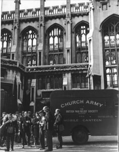Church army van parked outside the destroyed Inner Temple Library serving tea to workmen