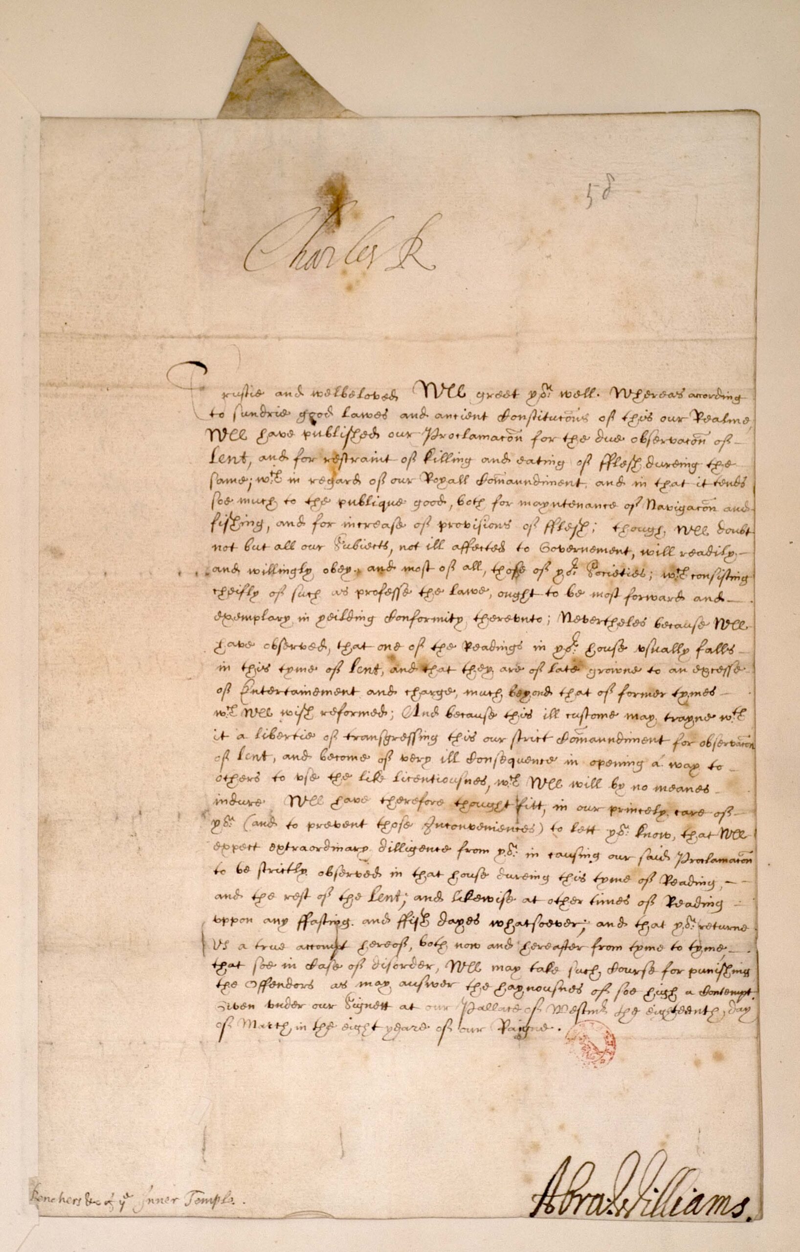 Charles I: Letter to the Benchers of the Inner Temple, 1633