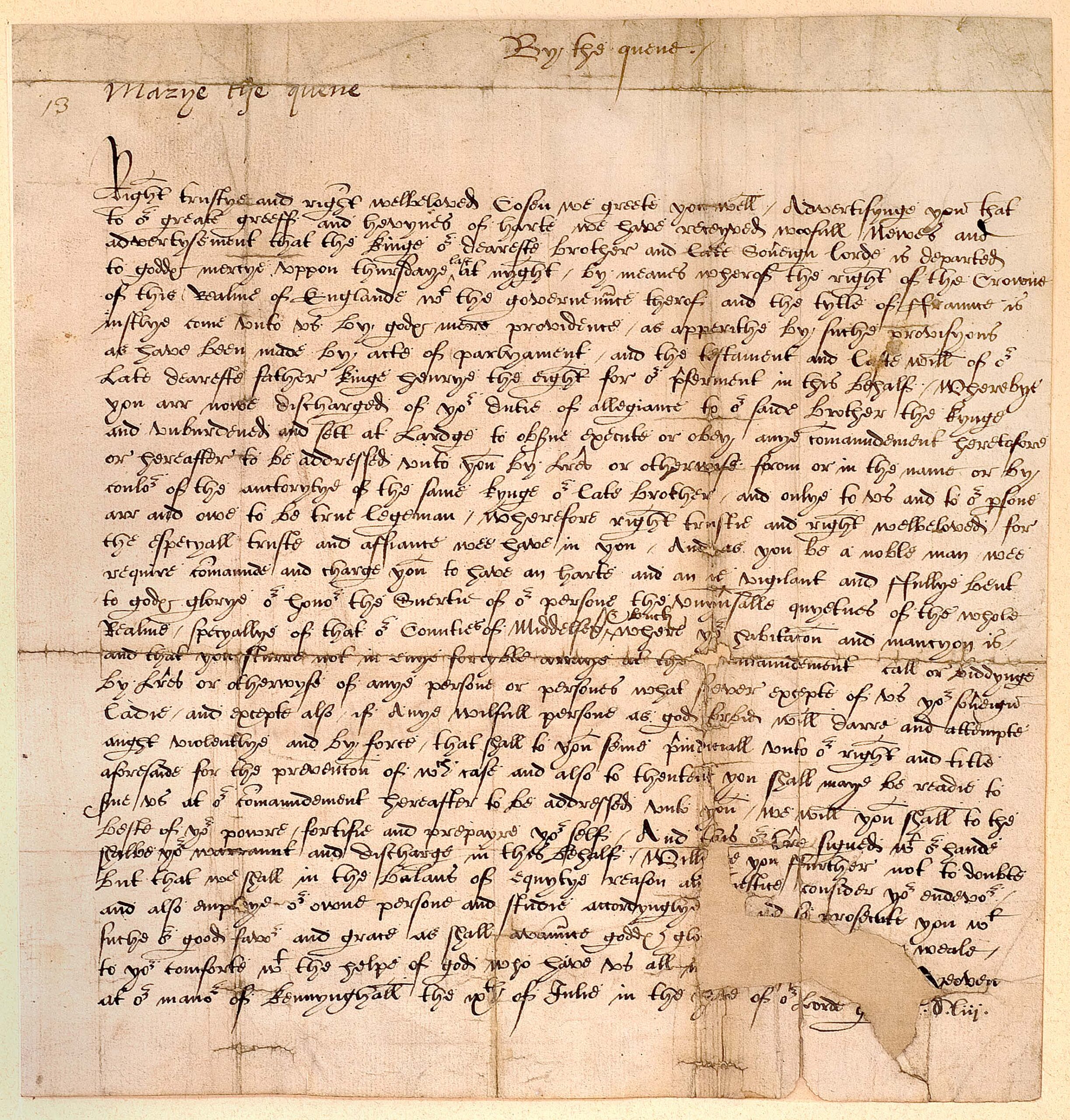 Mary I: Letter to Sir Edward Hastings, 1553