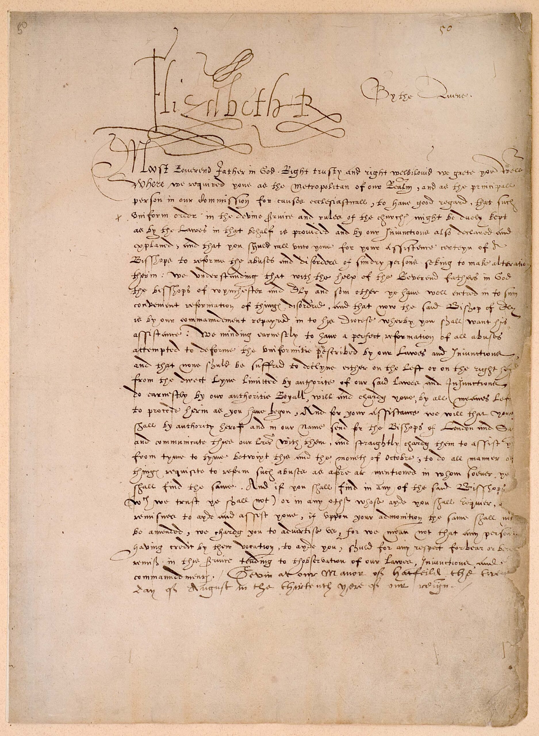 Elizabeth I: Letter to Matthew Parker, Archbishop of Canterbury, 1571