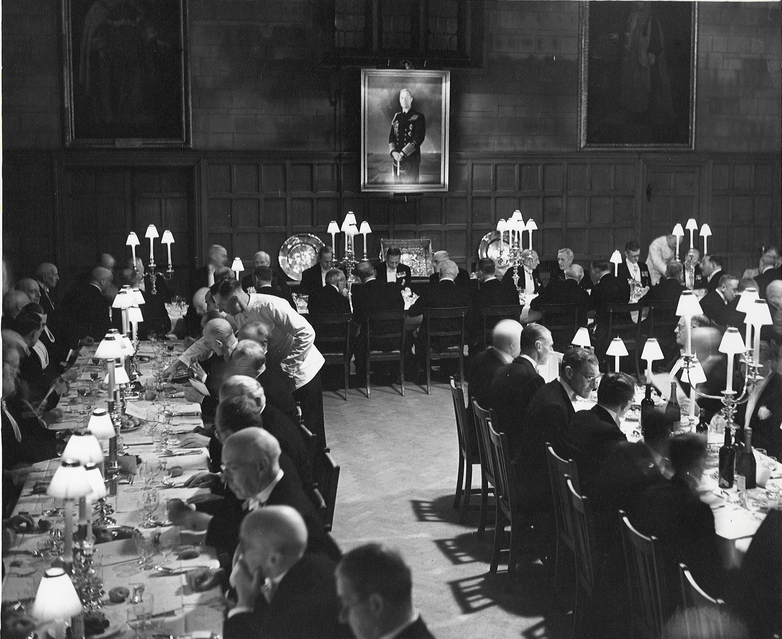 HM King George VI at Dinner in Niblett Hall, c1949