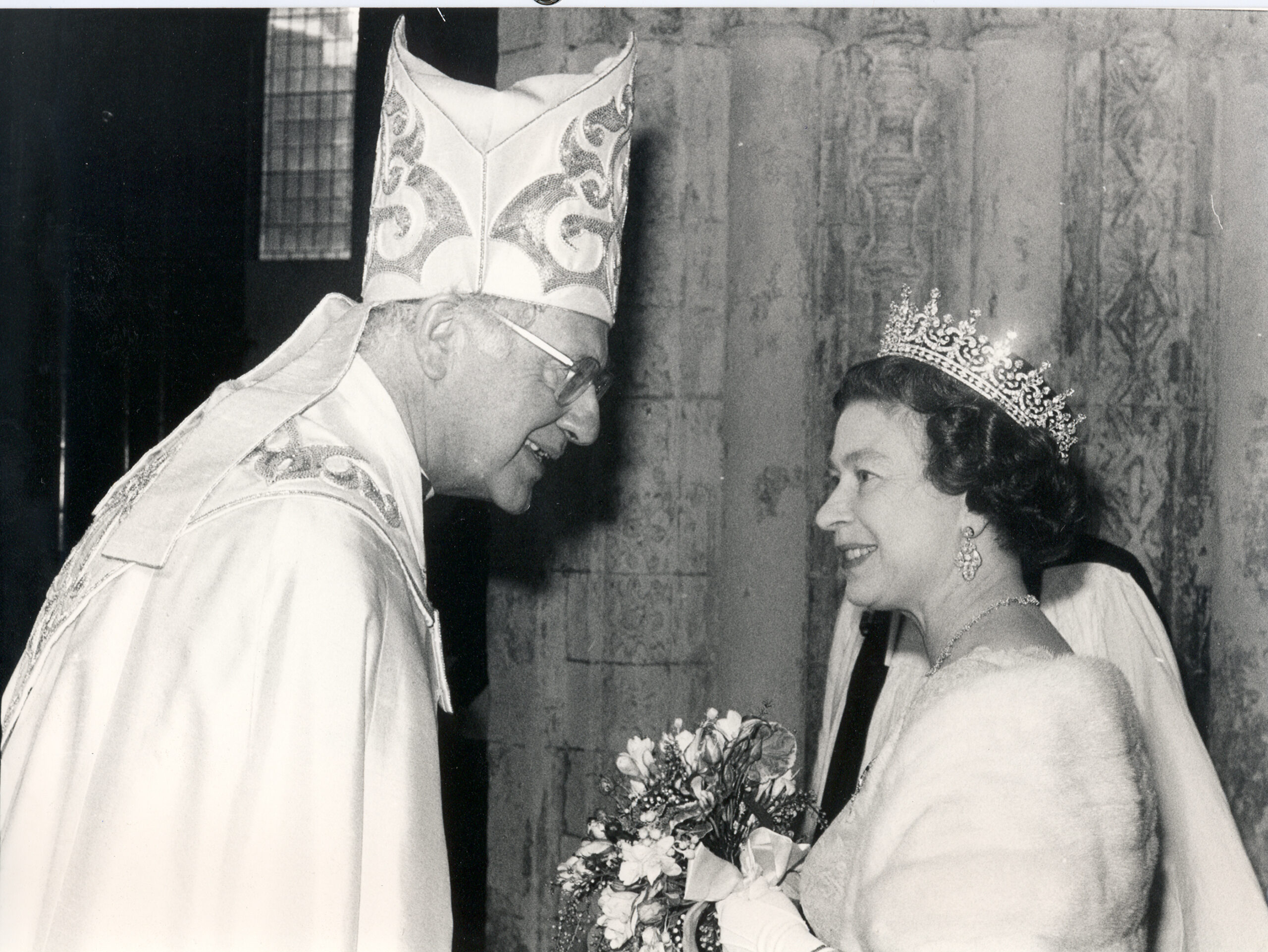 HM The Queen and the Archbishop of Canterbury talking in Temple Church to celebrate 800th Anniversary of its Consecration, 1985