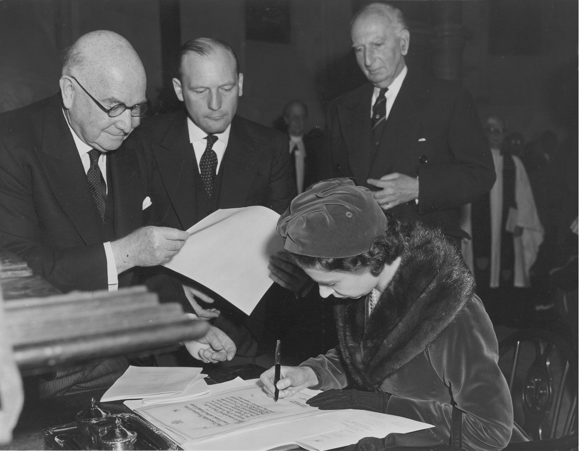 HM The Queen attests to having inspected the Royal Charter at the rededication of Temple Church, 7 November 1958