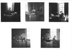 The Sub Librarian's Room. Top row: Sub Librarian (Wallace Breem). Bottom row right: Sub Librarian and Assistant Librarian (Philip Beddingham)