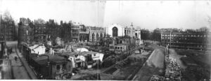 Damaged buildings in Middle Temple Lane and Paper Buildings