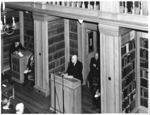 Opening Ceremony. The Treasurer (Sir Patrick Spens); seated behind is The Librarian, E.A.P. Hart, 21 April 1958 © Inner Temple Library