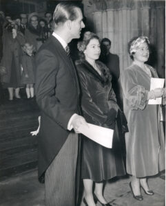 HRH The Duke of Edinburgh, HM The Queen and HM Queen Elizabeth, The Queen Mother in a line 1958