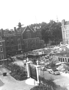 Aerial shot looking from the garden over the cleared Crown Office Row with the reconstructed Middle Temple Hall in the background