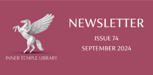 Image of a white pegasus on a pink background with the text Inner Temple Library Newsletter, issue 74, September 2024