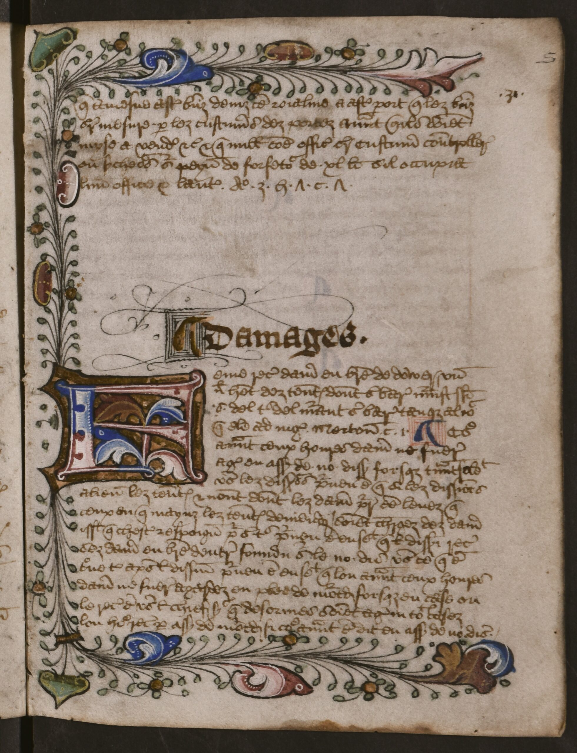 First letter of the first word in the new alphabetical section is presented within large blue, red, yellow, and gold illuminated capital letters, and are encased within colourful, illuminated illustrations, with leaves and foliage, that span the perimeter of the folio (except the gutter).