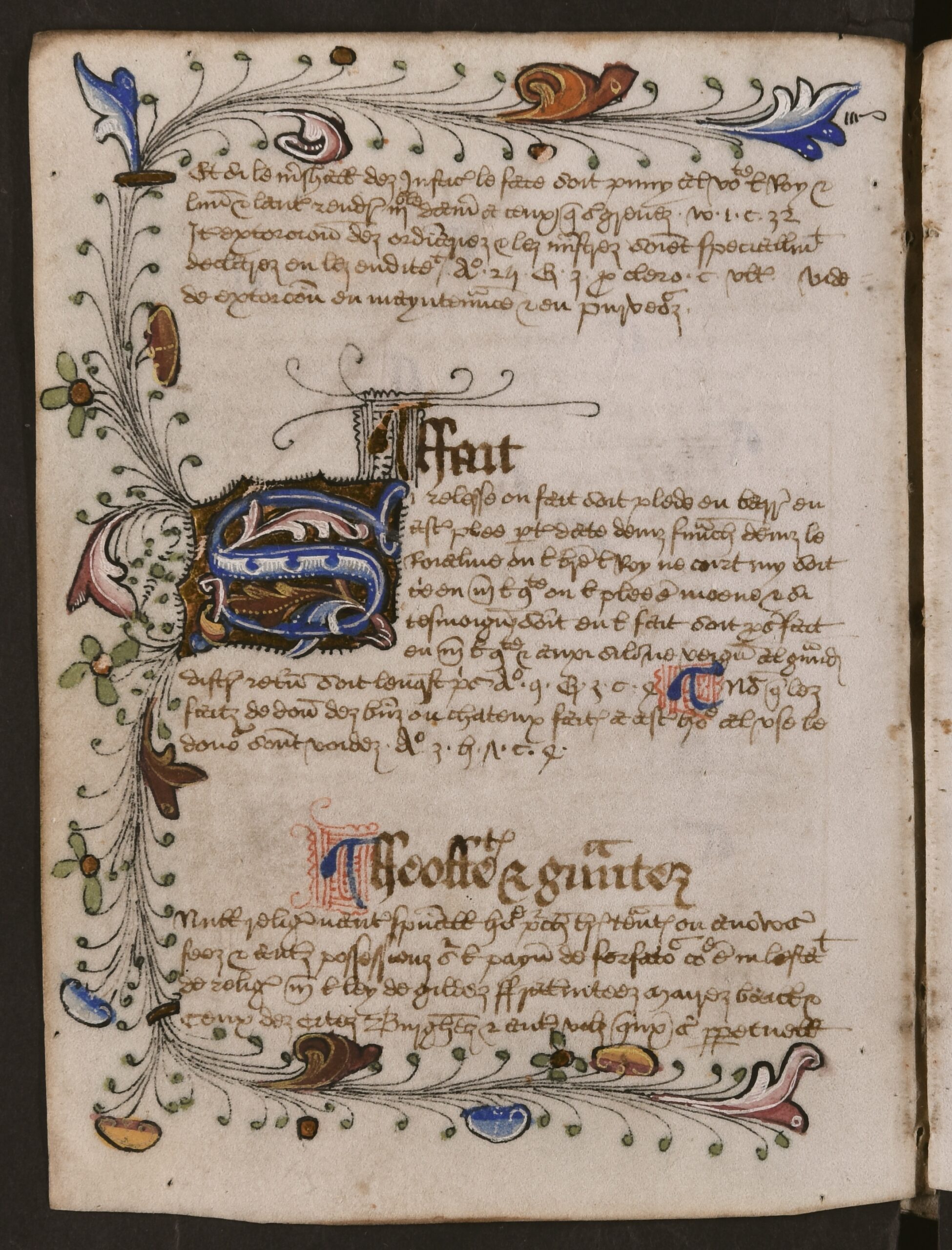 First letter of the first word in the new alphabetical section is presented within large blue, red, yellow, and gold illuminated capital letters, and are encased within colourful, illuminated illustrations, with leaves and foliage, that span the perimeter of the folio (except the gutter).