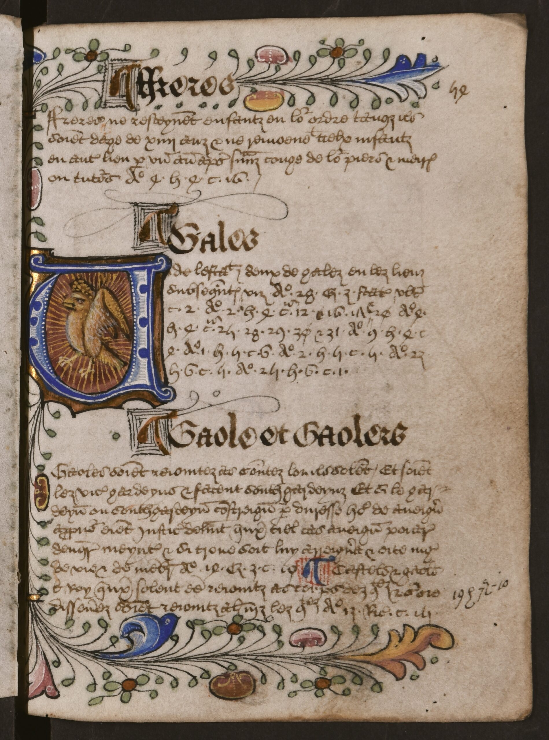First letter of the first word in the new alphabetical section is presented within large blue, red, yellow, and gold illuminated capital letters, and are encased within colourful, illuminated illustrations, with leaves and foliage, that span the perimeter of the folio (except the gutter).