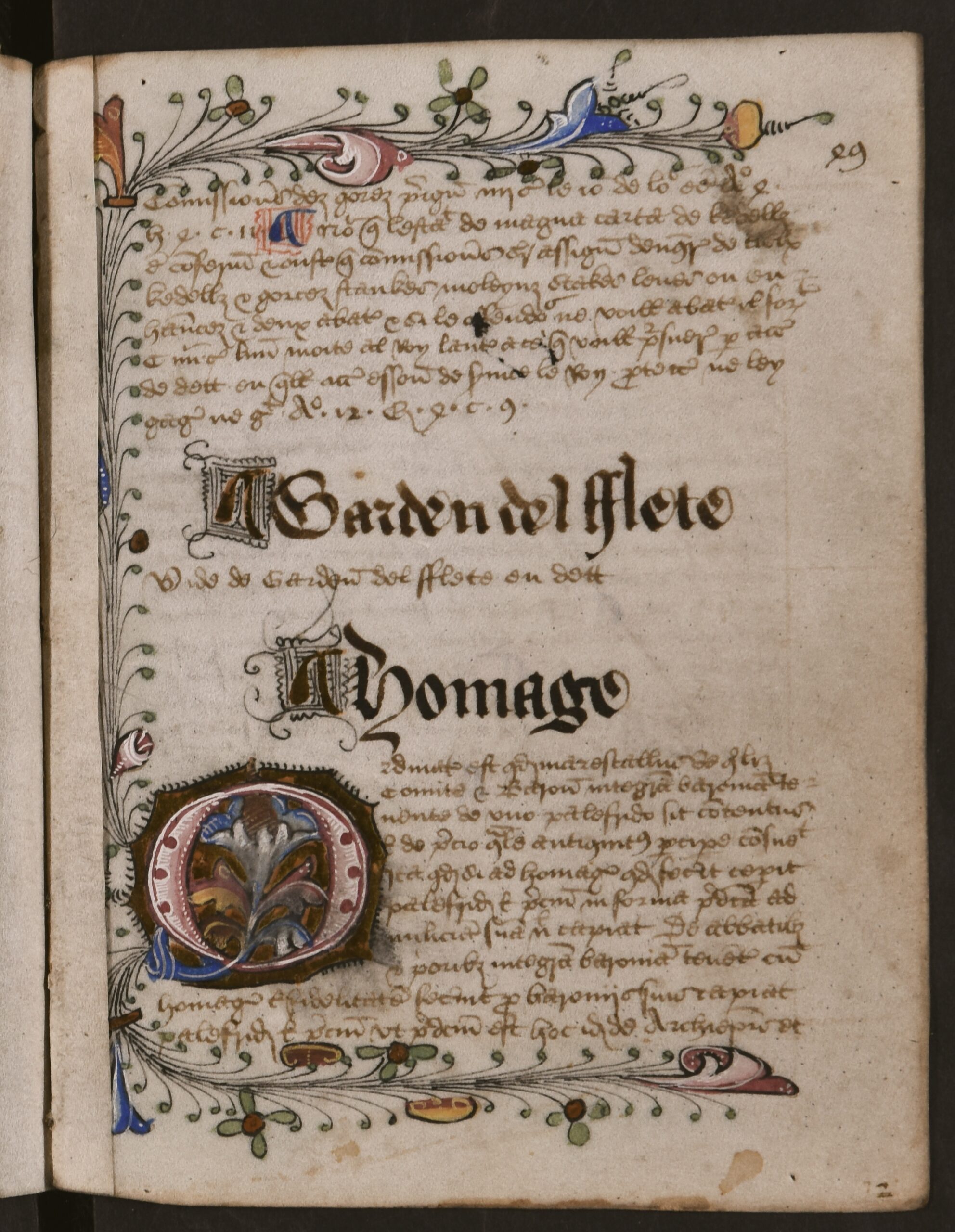 First letter of the first word in the new alphabetical section is presented within large blue, red, yellow, and gold illuminated capital letters, and are encased within colourful, illuminated illustrations, with leaves and foliage, that span the perimeter of the folio (except the gutter).