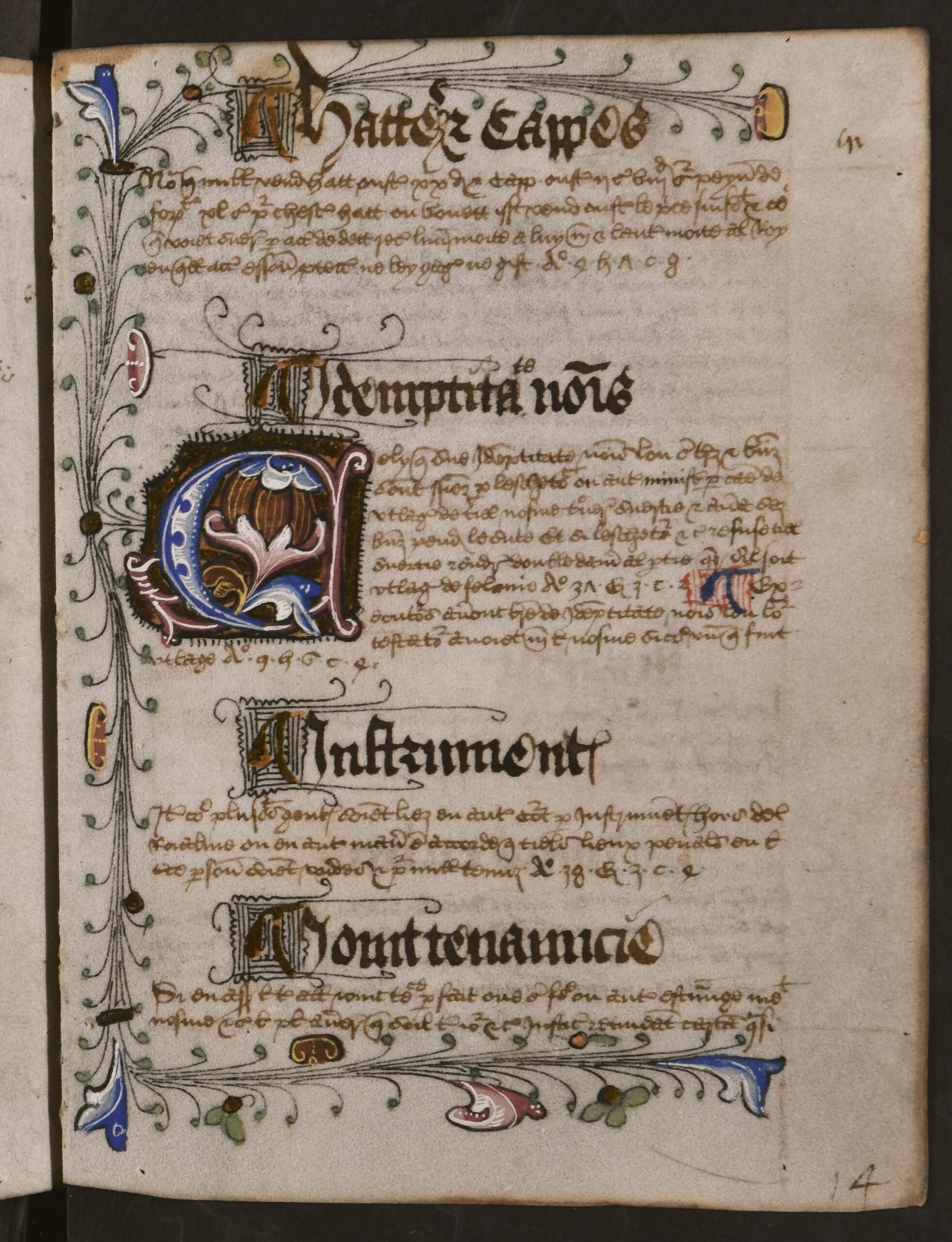 First letter of the first word in the new alphabetical section is presented within large blue, red, yellow, and gold illuminated capital letters, and are encased within colourful, illuminated illustrations, with leaves and foliage, that span the perimeter of the folio (except the gutter).