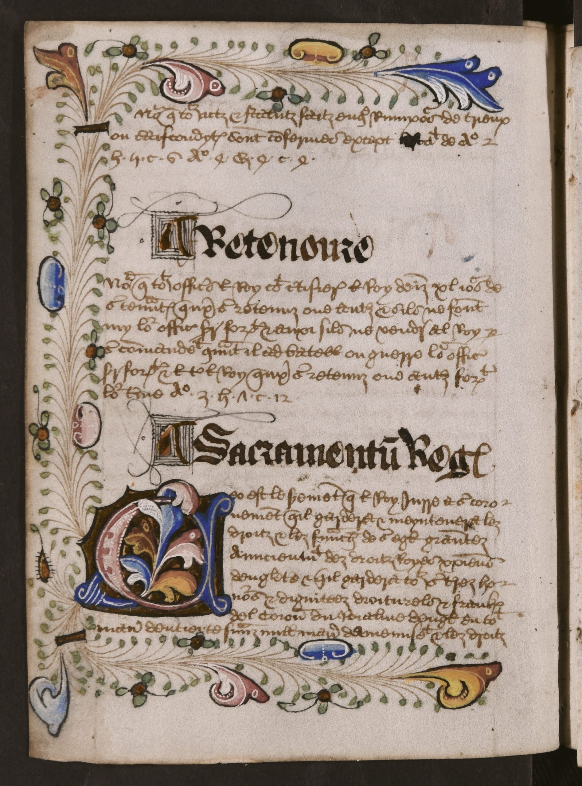 First letter of the first word in the new alphabetical section is presented within large blue, red, yellow, and gold illuminated capital letters, and are encased within colourful, illuminated illustrations, with leaves and foliage, that span the perimeter of the folio (except the gutter).