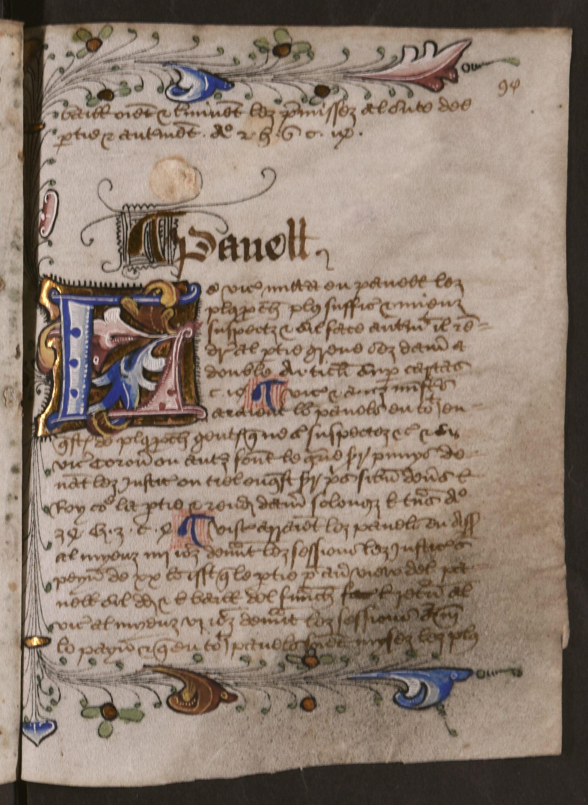 First letter of the first word in the new alphabetical section is presented within large blue, red, yellow, and gold illuminated capital letters, and are encased within colourful, illuminated illustrations, with leaves and foliage, that span the perimeter of the folio (except the gutter).