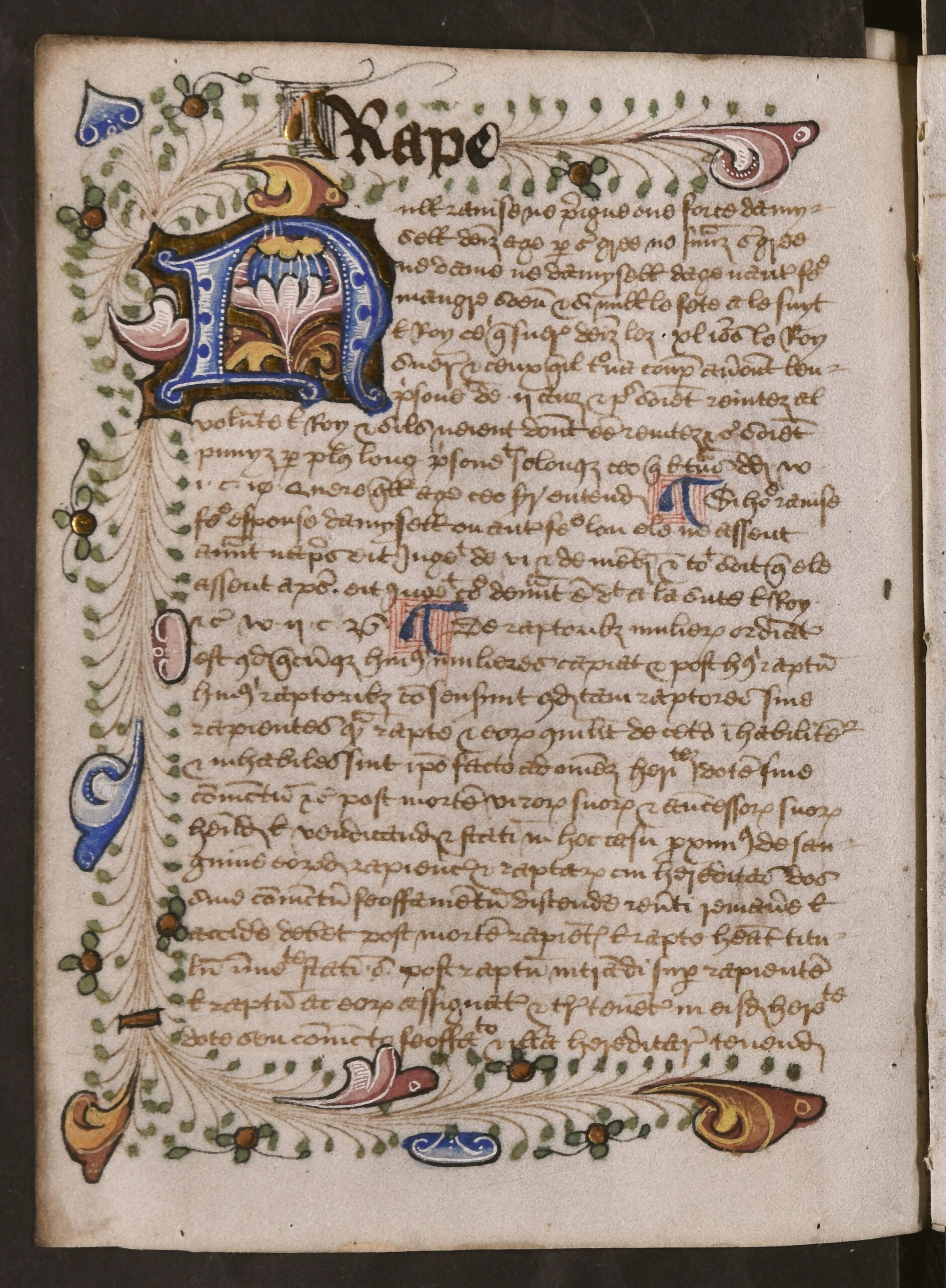 First letter of the first word in the new alphabetical section is presented within large blue, red, yellow, and gold illuminated capital letters, and are encased within colourful, illuminated illustrations, with leaves and foliage, that span the perimeter of the folio (except the gutter).