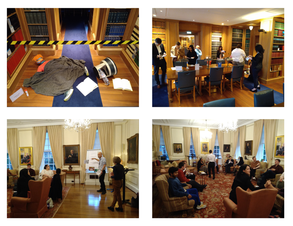 Four images. 1 - pretend body lying on the floor with hazard tape around it. 2 - people standing in the library looking at the clues on paper. 3 - person in front of a flip chart with people in chairs looking at him. 4 - People in armchairs chatting.