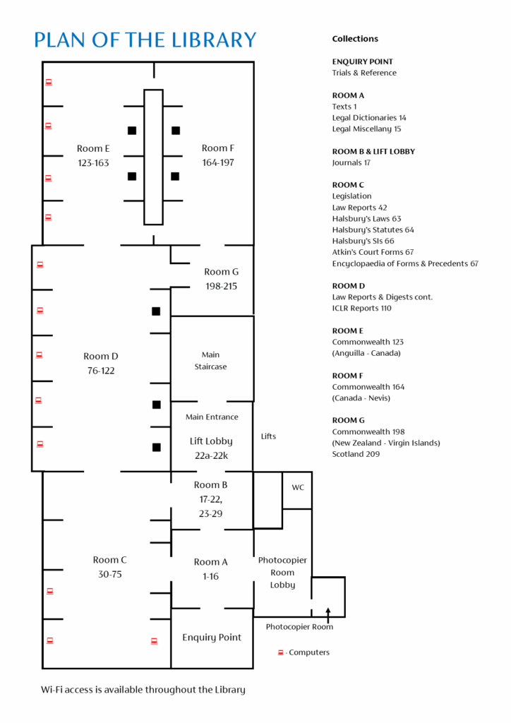 Map of the Library showing the room bay numbers with a key to the collection