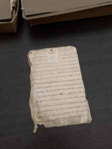 Old piece of paper with handwriting and a label stitched to it with text reading Court of Requests Proceedings 142/5